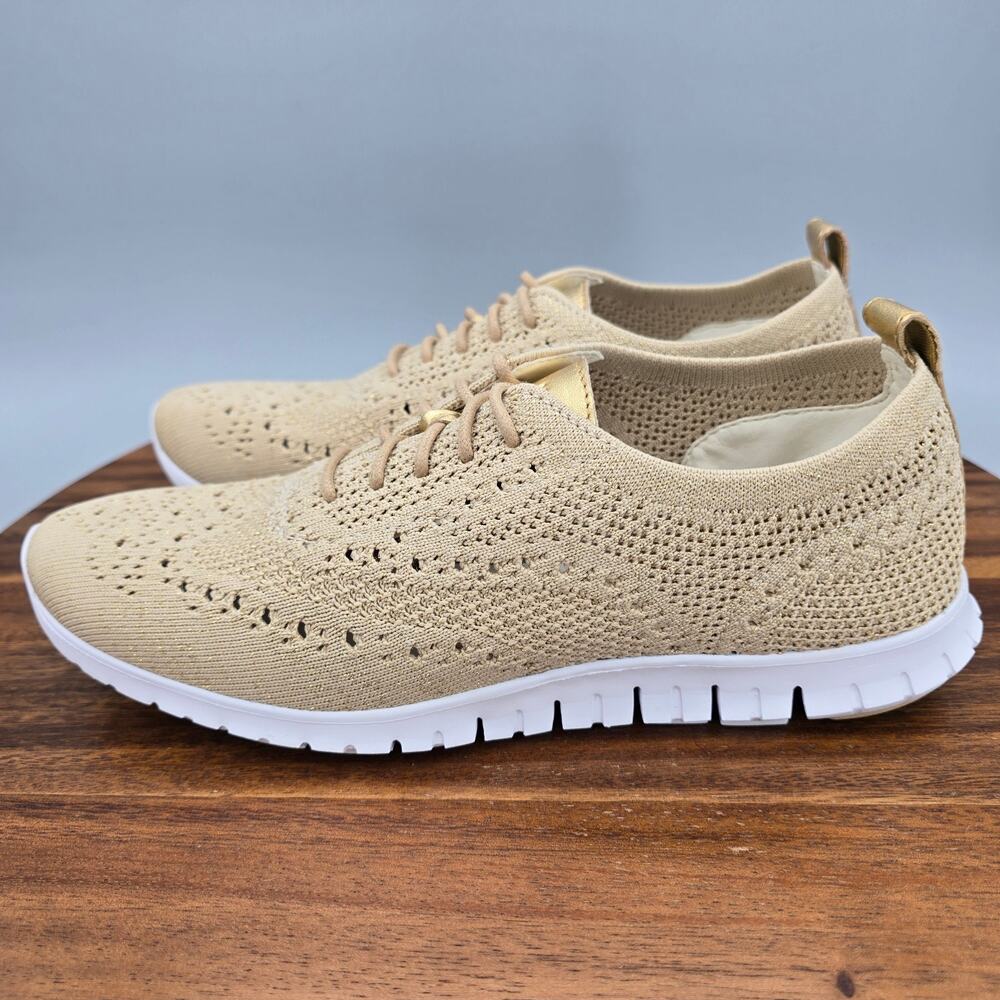 Cole Haan Zerogrand Oxfords Womens 8.5B Beige Gold Stitchlite Knit Wingtip Shoes - Picture 3 of 8